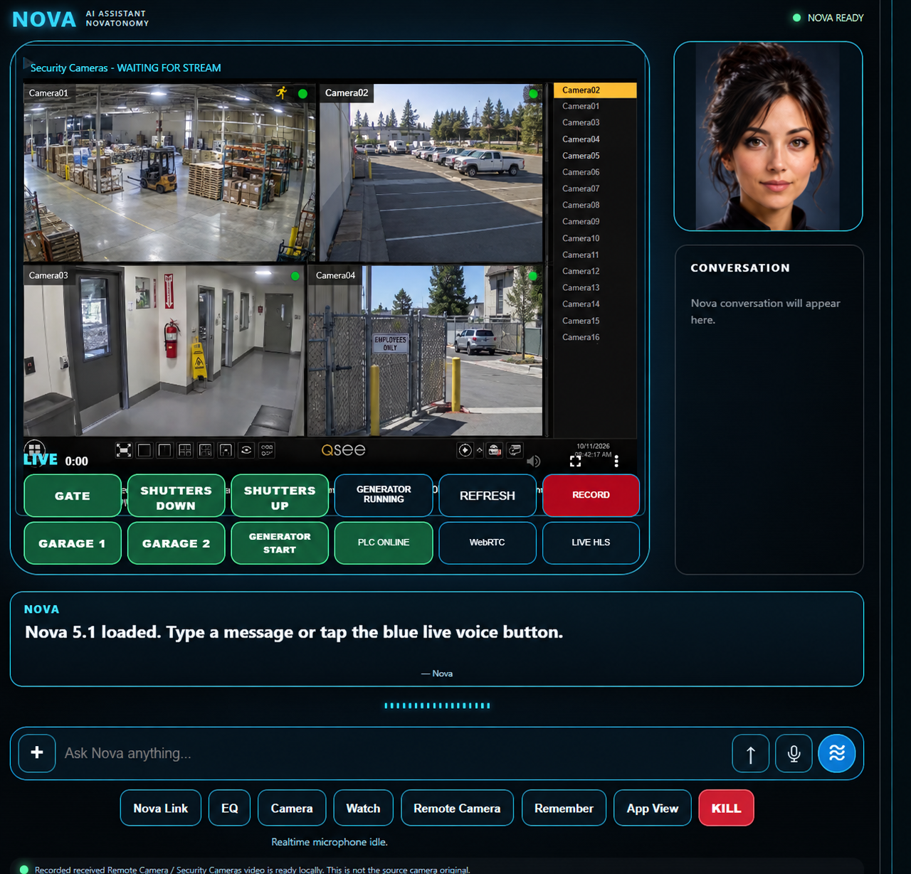 Illustrative Nova Remote Camera Terminal displaying a commercial facility camera grid with Nova's face, conversation panel, source list and equipment controls. Not footage from a commercial customer.