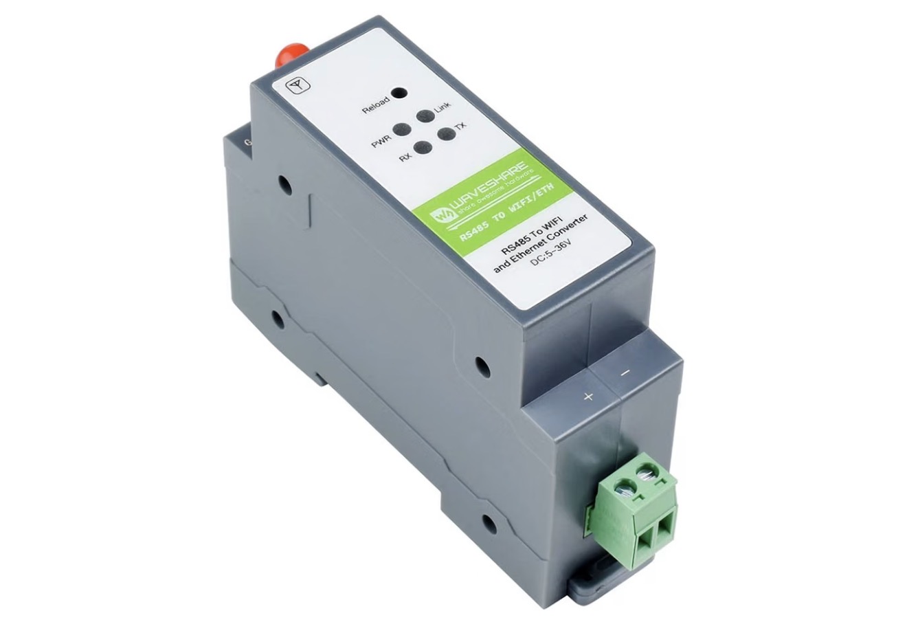Owner-supplied Waveshare RS485 TO WIFI/ETH industrial networking interface reference image, showing its labeled housing and screw terminals.
